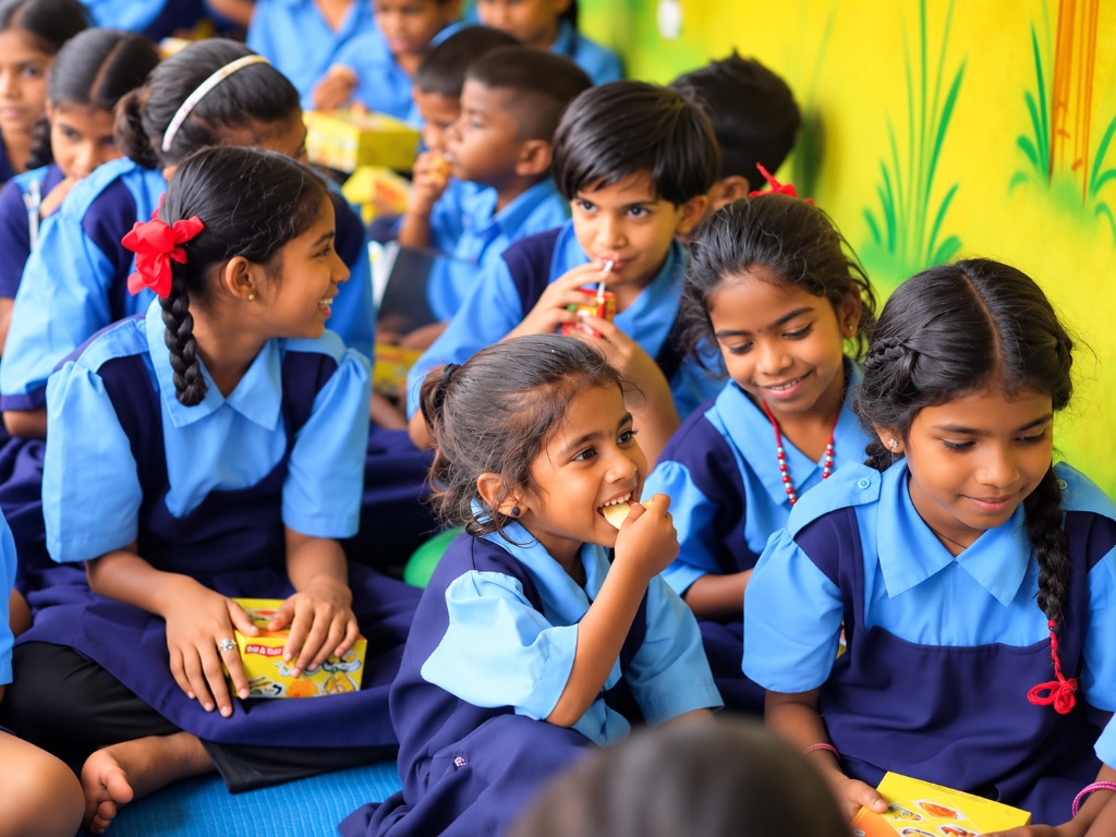 School children in uniform receiving nutrition snack boxes
